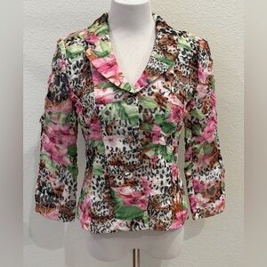 Vintage Michelle Antonelli Ruched Silk Blazer Jacket 8 Floral Leopard Statement